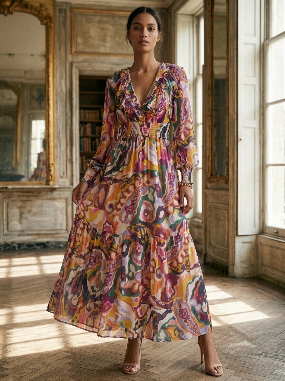 Anthropologie Multicolor Swirl Print Ruffle Maxi Dress